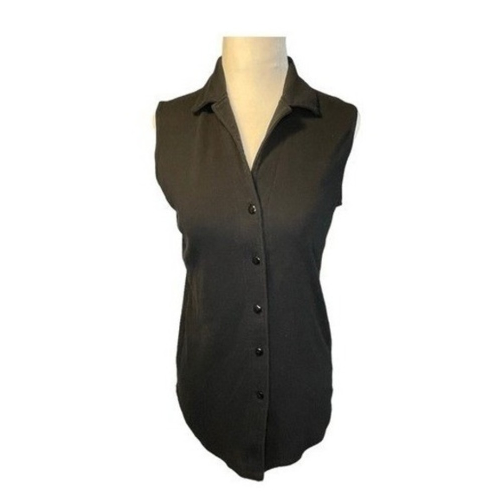 Garnet Hill Weekenders Button Down Shirt Black Jersey Knit Sleeveless Blouse XS